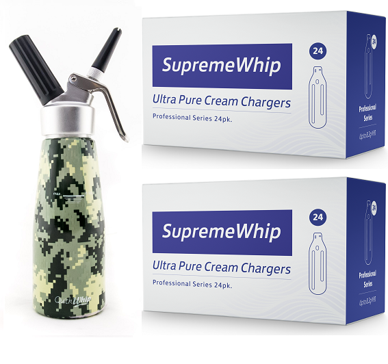 SupremeWhip Cream Chargers – 192 - (8 x 24 Packs) & 0.5L Army Print Dispenser Starter Pack