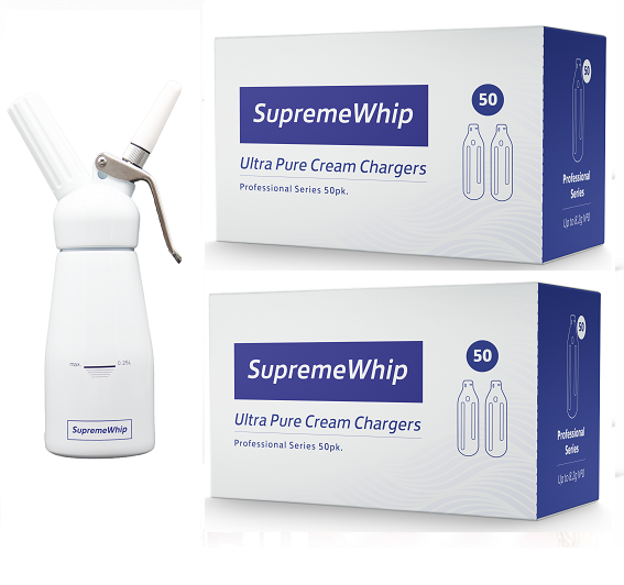 SupremeWhip Cream Chargers – 600 - (12 x 50 Packs) & 0.25L White Dispenser Starter Pack