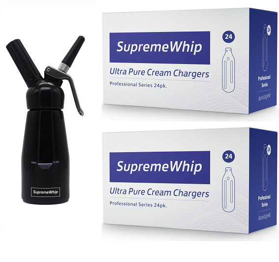 SupremeWhip Cream Chargers – 600 - (25 x 24 Packs) & 0.25L Black Dispenser Starter Pack