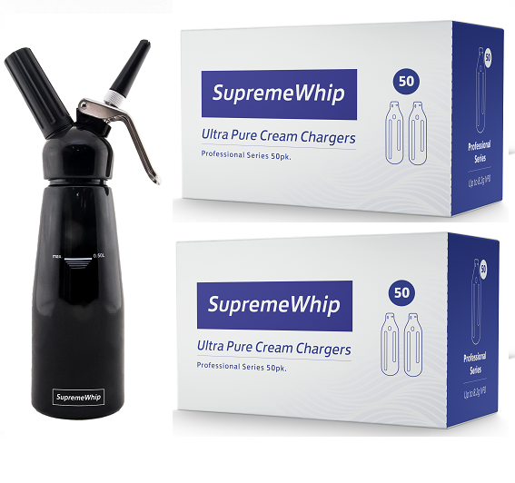 SupremeWhip Cream Chargers Nitrous Oxide Canisters (12 x 50Pks) & 0.5L Black Dispenser Starter Pack
